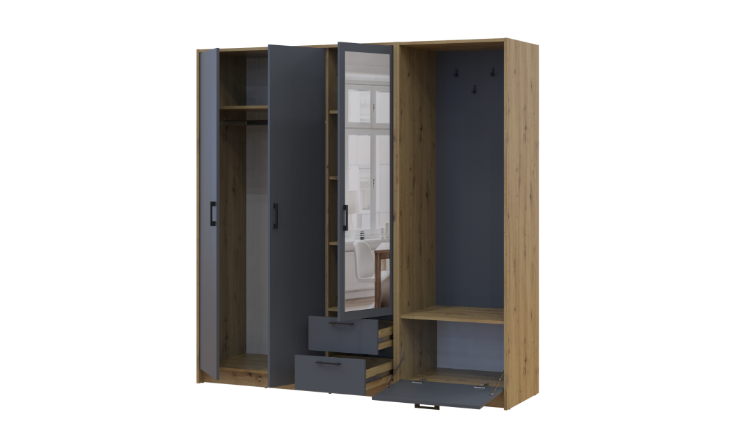 Kleiderschrank Doros Rondi mit Kleiderstange und Spiegel Artisan Eiche/Graphitgrau 3 Türen 181x52x195 (42005283)