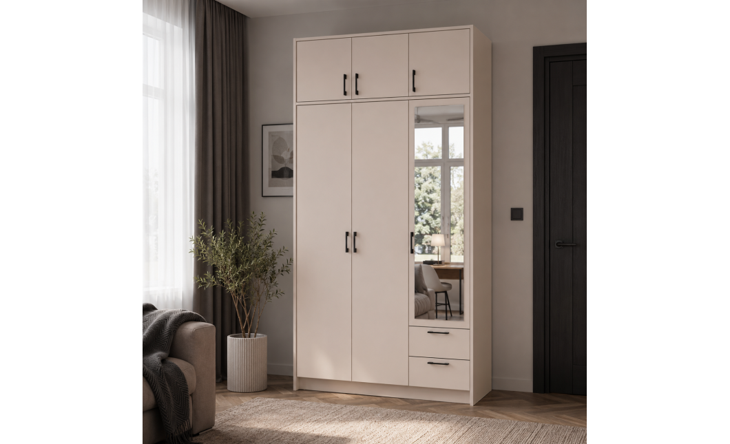 Kleiderschrank Doros Rondi mit Drehtüren mit Oberschrank und Spiegel Kaschmir 3 Türen 121x52x236 (80738475)