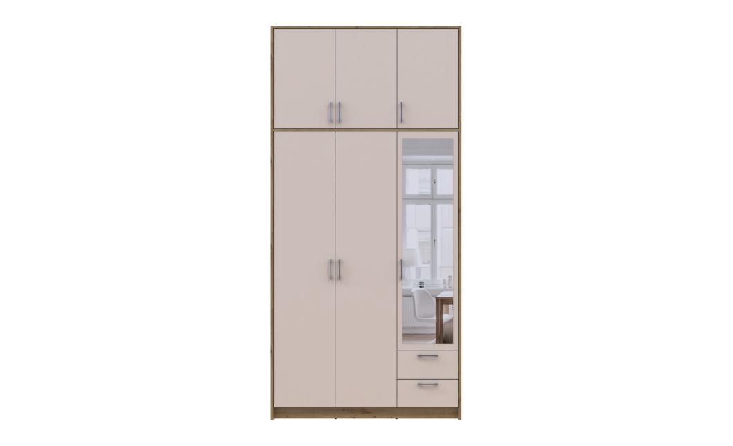 Kleiderschrank Doros Rondi mit Drehtüren mit Oberschrank und Spiegel Artisan Eiche / Kaschmir 3 Türen 121x52x260 (42005196)