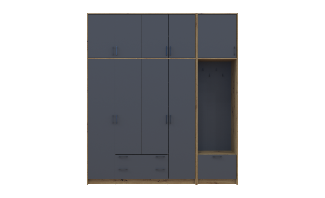 Drehtürenschrank Doros Rondi mit Kleiderstange und hohem Oberschrank Artisan Eiche/Graphitgrau 4 Türen 220x52x260 (42005301)