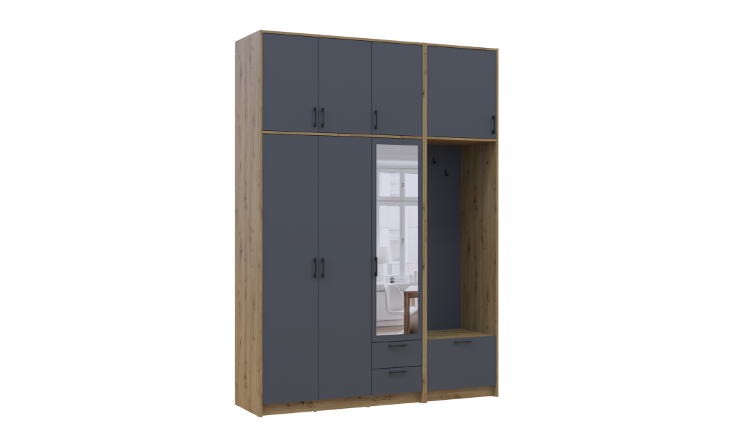 Kleiderschrank Doros Rondi mit Kleiderstange, Spiegel und hohem Oberschrank Artisan Eiche/Graphitgrau 3 Türen 181x52x260 (42005291)