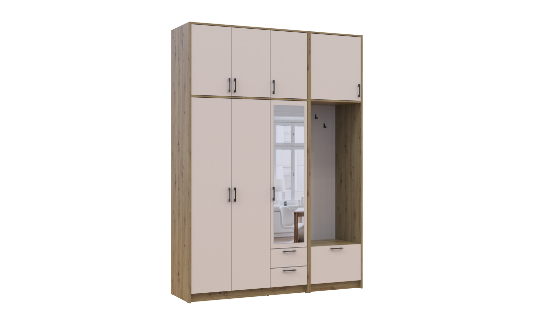 Kleiderschrank Doros Rondi mit Kleiderstange, Spiegel und hohem Oberschrank Artisan Eiche/Kaschmir 3 Türen 181x52x260 (42005290)