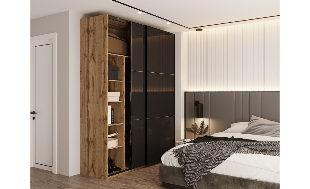 Kleiderschrank Doros G-Caiser Schiebetüren Ewok Eiche / Schwarz Glas 2 Türen 180x60x240 (80737751)