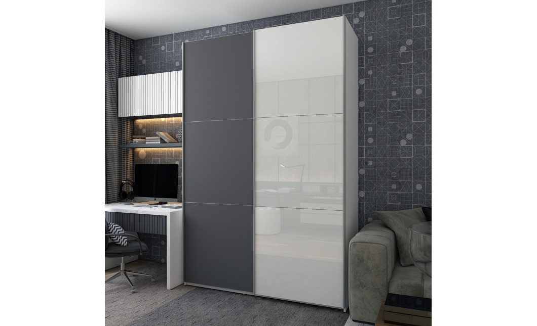 Kleiderschrank Doros G-Caiser Schiebetüren Weiß Graphitgrau mit Spiegel 180x60x240 (42005094)
