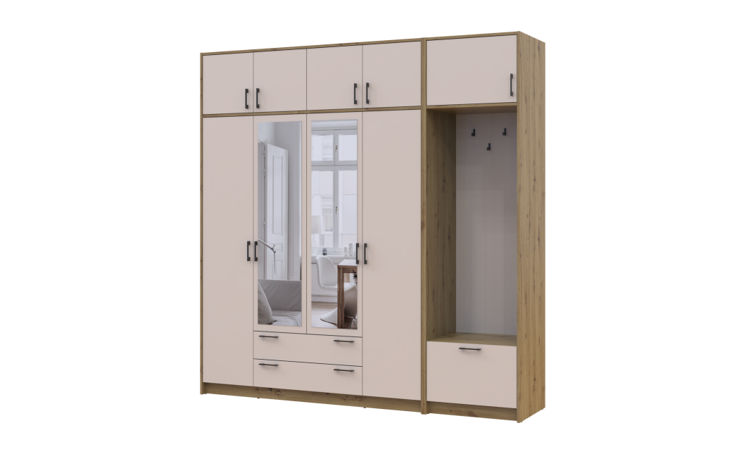 Kleiderschrank Doros Rondi mit Kleiderstange, Spiegel und Oberschrank Artisan Eiche/Kaschmir 4 Türen 220x52x236 (42005298)