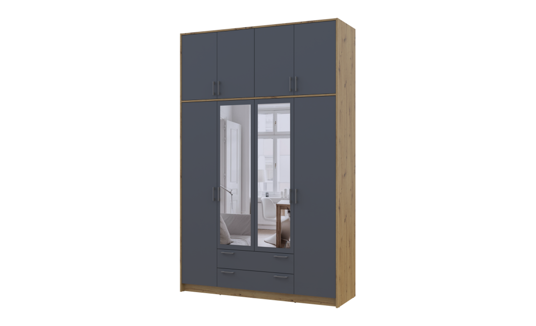 Kleiderschrank Doros Rondi mit Drehtüren mit Oberschrank und Spiegel Artisan Eiche / Graphitgrau 4 Türen 160x52x260 (42005191)