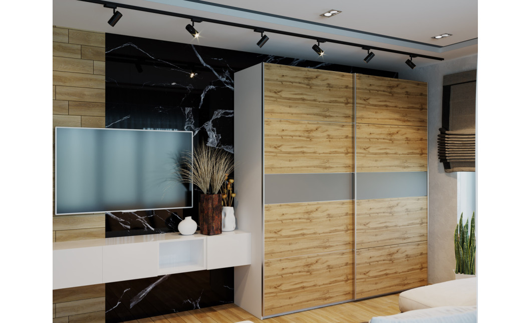 Kleiderschrank Doros G-Caiser Schiebetüren Weiß/Ewok Eiche Graphit 2 Türen 220x60x240 (44900390)