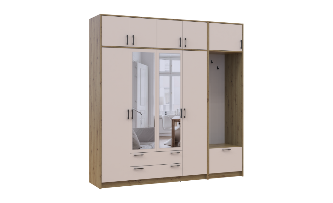 Kleiderschrank Doros Rondi mit Kleiderstange, Spiegel und Oberschrank Artisan Eiche/Kaschmir 4 Türen 220x52x236 (42005298)