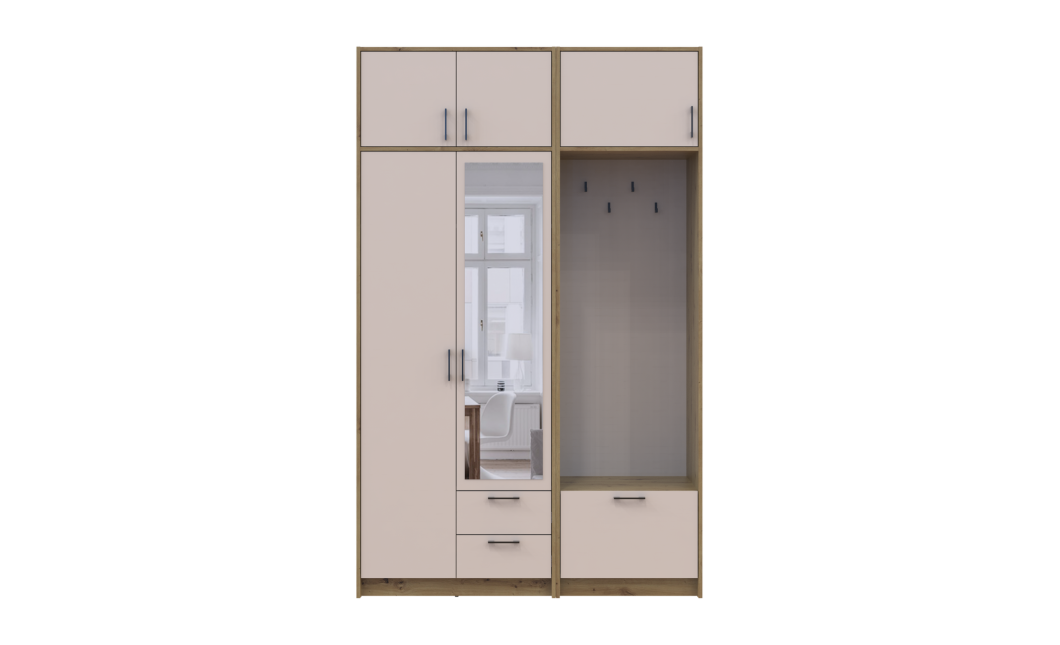 Kleiderschrank Doros Rondi mit Kleiderstange, Spiegel und Oberschrank Artisan Eiche/Kaschmir 2 Türen 142x52x236 (42005274)