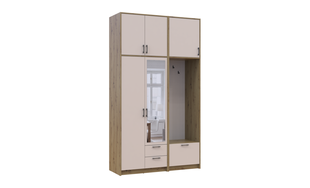 Kleiderschrank Doros Rondi mit Kleiderstange, Spiegel und hohem Oberschrank Artisan Eiche/Kaschmir 2 Türen 142x52x260 (42005278)