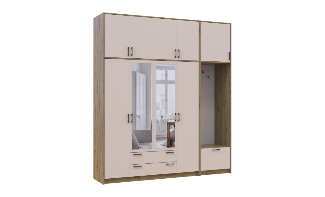 Kleiderschrank Doros Rondi mit Kleiderstange, Spiegel und hohem Oberschrank Artisan Eiche/Kaschmir 4 Türen 220x52x260 (42005302)