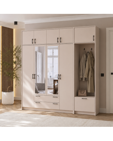 Kleiderschrank Doros Rondi mit Kleiderstange, Spiegel und Oberschrank Kaschmir 4 Türen 220x52x236 (42005405)