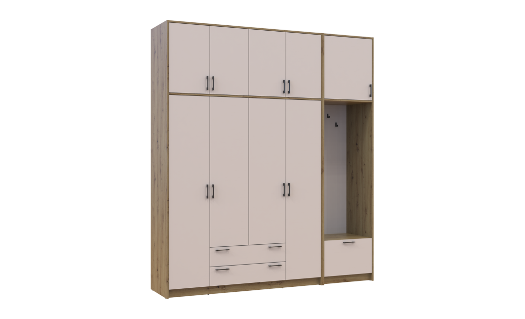 Kleiderschrank Doros Rondi mit Kleiderstange und hohem Oberschrank Artisan Eiche/Kaschmir 4 Türen 220x52x260 (42005300)