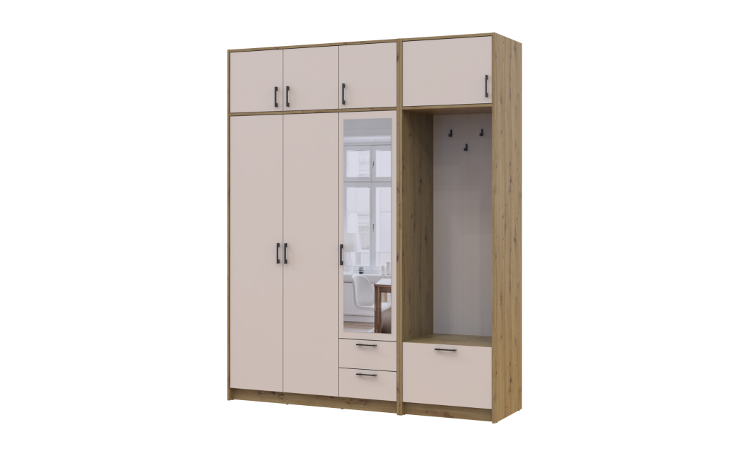 Kleiderschrank Doros Rondi mit Kleiderstange, Spiegel und Oberschrank Artisan Eiche/Kaschmir 3 Türen 181x52x236 (42005286)