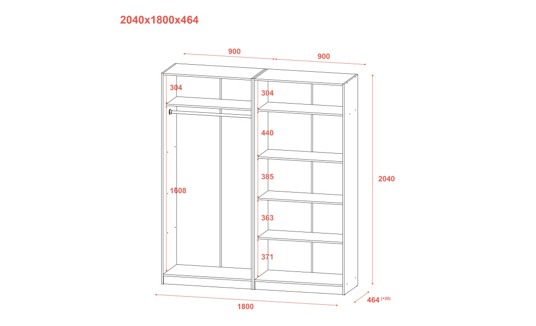 Kleiderschrank Doros Promo Set mit Böden Weiß 2+2 Türen 180x48x204 (44900288)