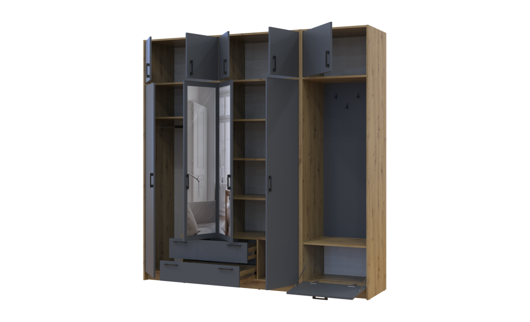 Drehtürenschrank Doros Rondi mit Kleiderstange, Spiegel und Oberschrank Artisan Eiche/Graphitgrau 4 Türen 220x52x236 (42005299)