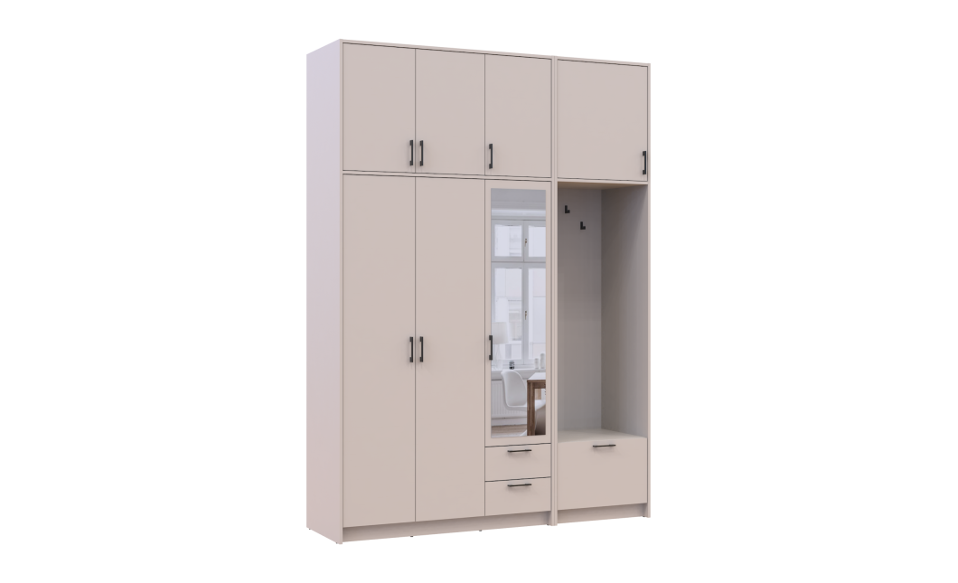 Kleiderschrank Doros Rondi mit Kleiderstange, Spiegel und hohem Oberschrank Kaschmir 3 Türen 181x52x260 (42005407)