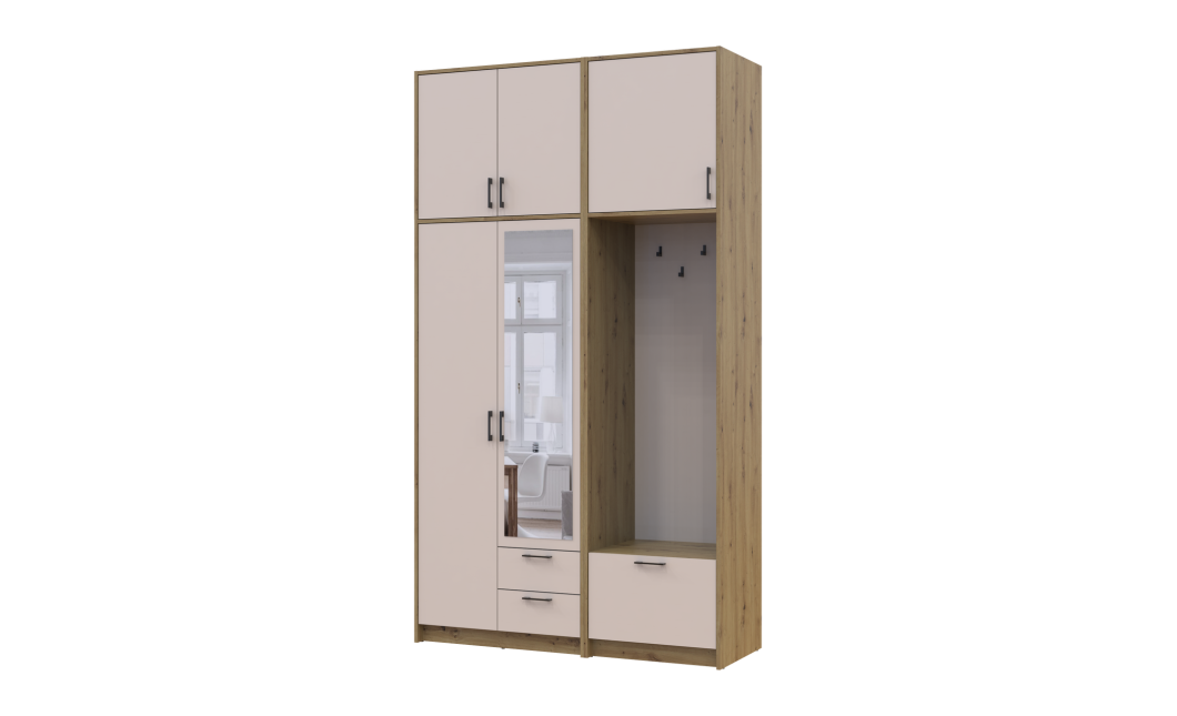 Kleiderschrank Doros Rondi mit Kleiderstange, Spiegel und hohem Oberschrank Artisan Eiche/Kaschmir 2 Türen 142x52x260 (42005278)