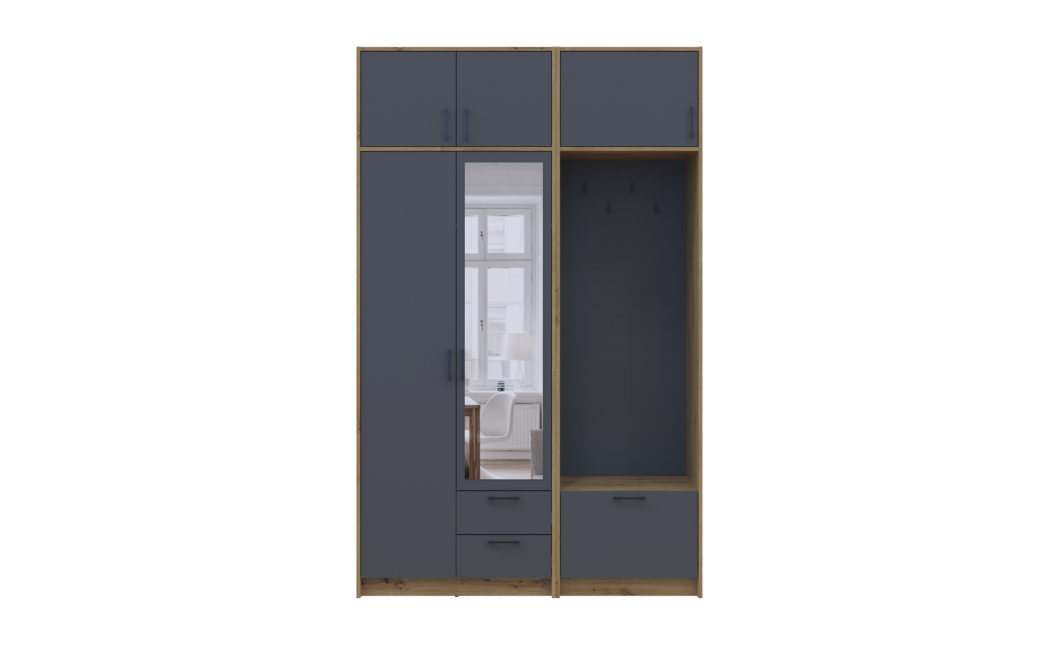 Drehtürenschrank Doros Rondi mit Kleiderstange, Spiegel und Oberschrank Artisan Eiche/Graphitgrau 2 Türen 142x52x236 (42005275)