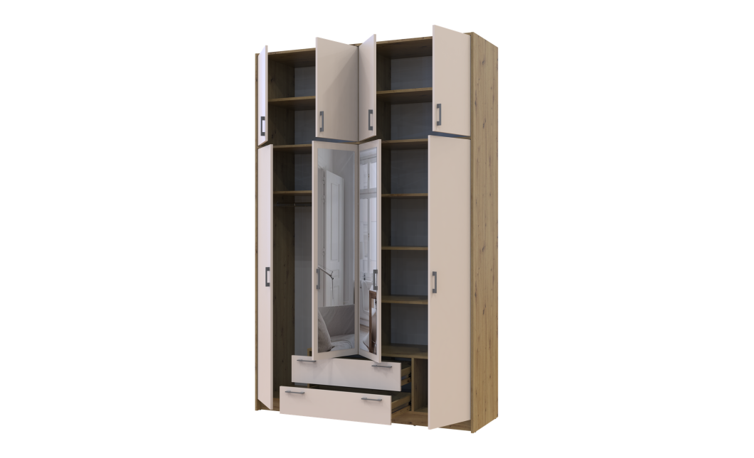 Kleiderschrank Doros Rondi mit Drehtüren mit Oberschrank und Spiegel Artisan Eiche / Kaschmir 4 Türen 160x52x260 (42005197)