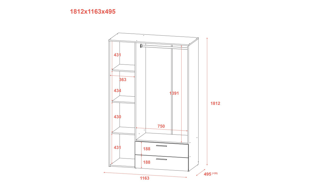 Kleiderschrank Doros Ektor Weiß 3 Türen 116x49,5x180 (80737076)