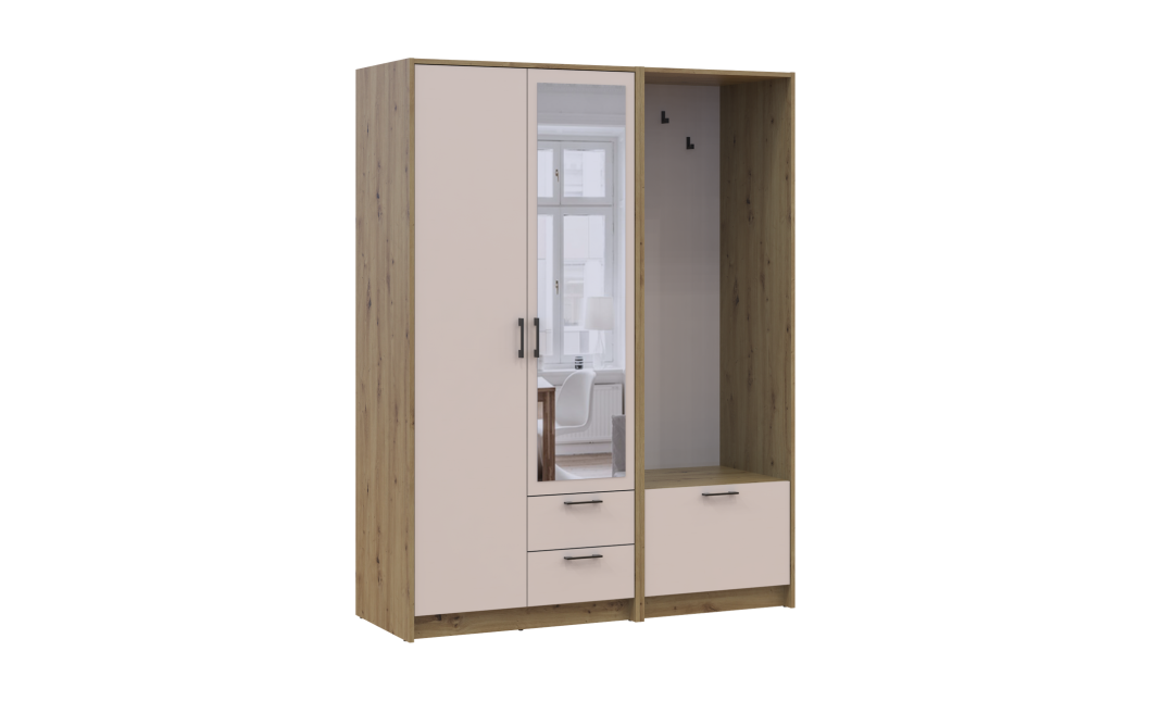 Kleiderschrank Doros Rondi mit Kleiderstange und Spiegel Artisan Eiche/Kaschmir 2 Türen 142x52x195 (42005270)