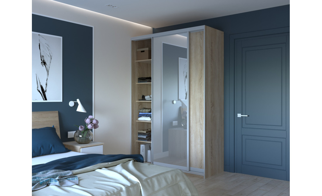 Kleiderschrank Doros City Light Schiebetüren Sonoma Eiche mit Spiegel 150x60x225 (42002039)