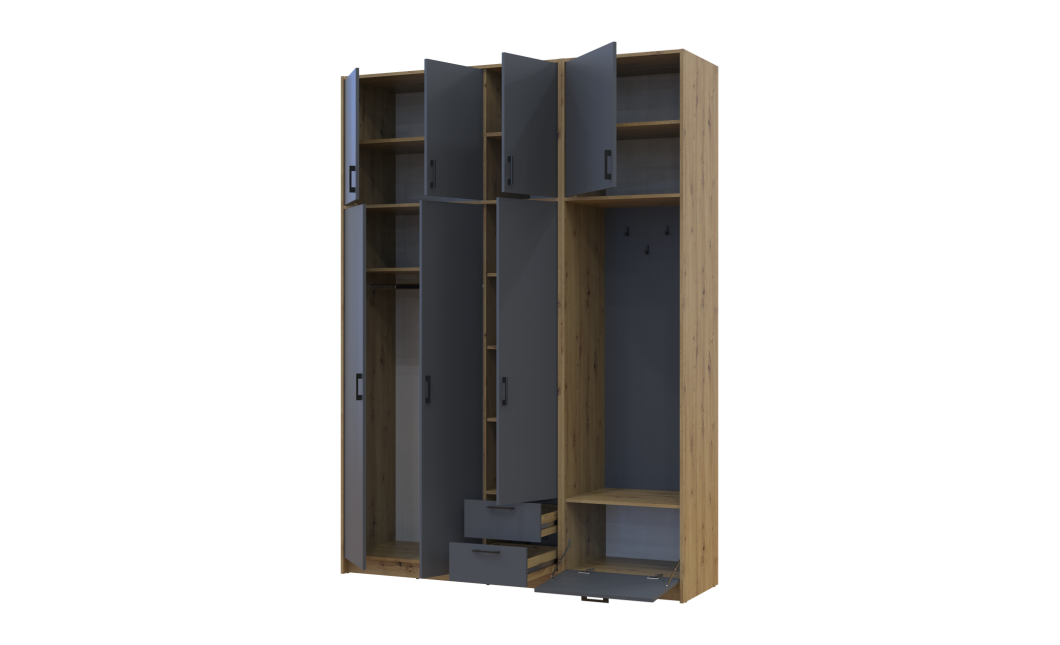 Drehtürenschrank Doros Rondi mit Kleiderstange und hohem Oberschrank Artisan Eiche/Graphitgrau 3 Türen 181x52x260 (42005289)