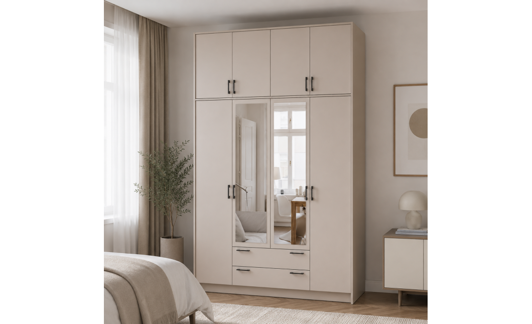 Kleiderschrank Doros Rondi mit Drehtüren mit Oberschrank und Spiegel Kaschmir 4 Türen 160x52x260 (80738489)
