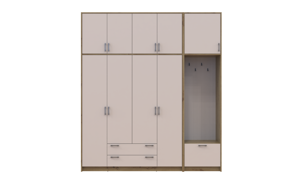 Kleiderschrank Doros Rondi mit Kleiderstange und hohem Oberschrank Artisan Eiche/Kaschmir 4 Türen 220x52x260 (42005300)