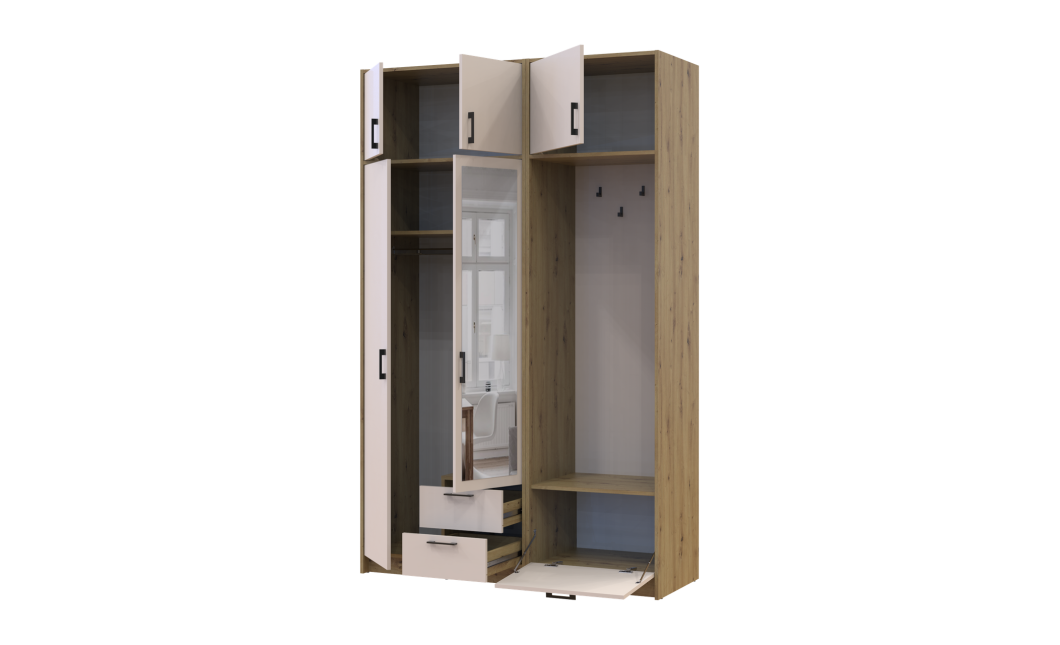 Kleiderschrank Doros Rondi mit Kleiderstange, Spiegel und Oberschrank Artisan Eiche/Kaschmir 2 Türen 142x52x236 (42005274)