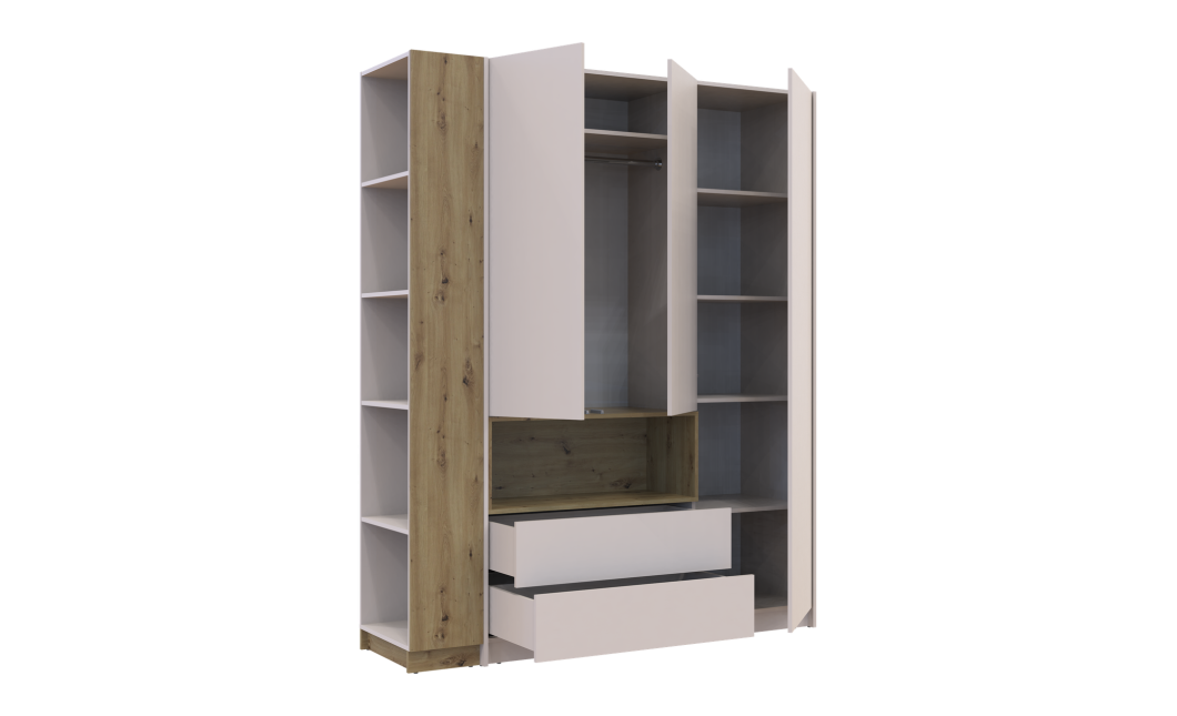 Kleiderschrank Doros Dale mit Drehtüren, offenen Regalen und Oberschrank Kaschmir / Artisan Eiche 3 Türen 178x52x220 (42005157)