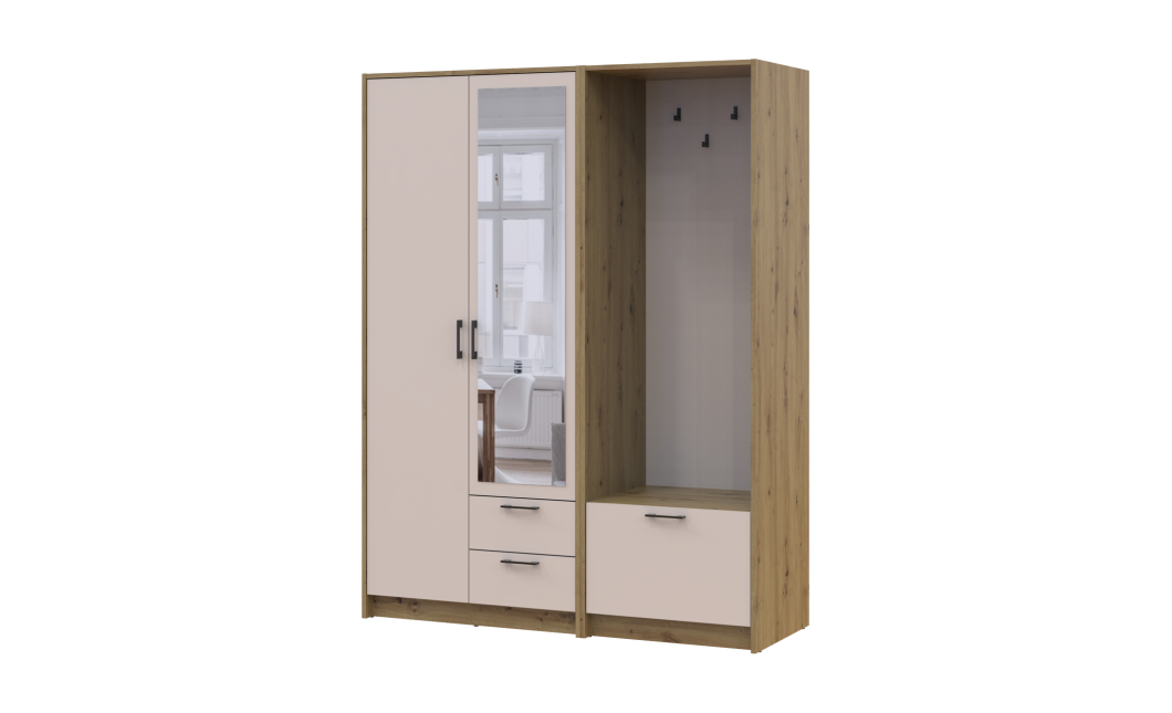 Kleiderschrank Doros Rondi mit Kleiderstange und Spiegel Artisan Eiche/Kaschmir 2 Türen 142x52x195 (42005270)