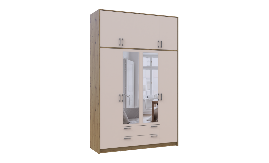 Kleiderschrank Doros Rondi mit Drehtüren mit Oberschrank und Spiegel Artisan Eiche / Kaschmir 4 Türen 160x52x260 (42005197)