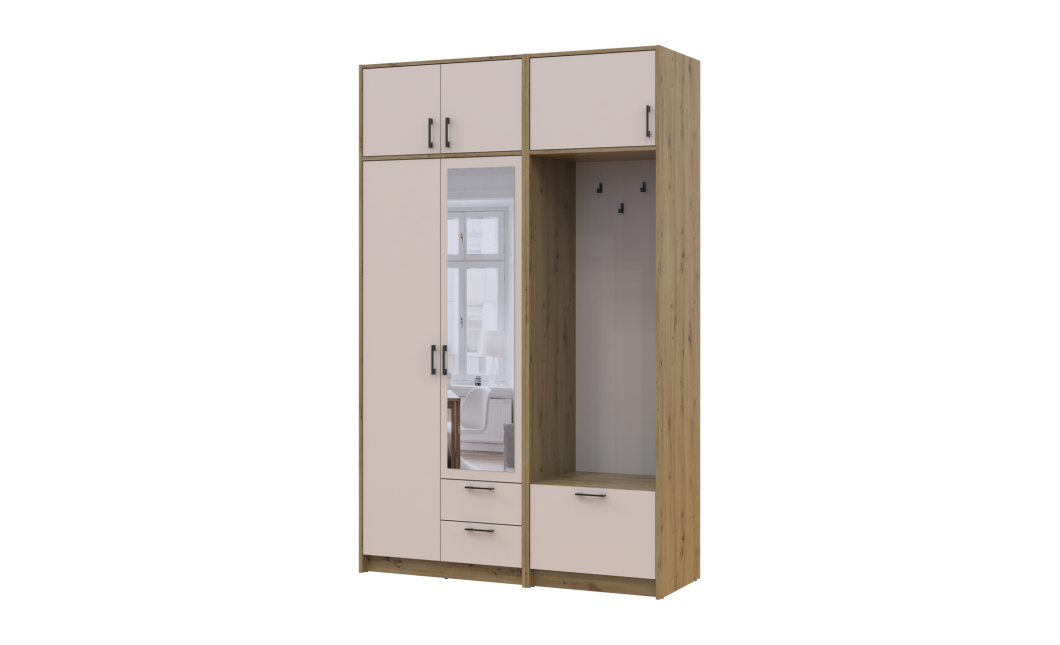 Kleiderschrank Doros Rondi mit Kleiderstange, Spiegel und Oberschrank Artisan Eiche/Kaschmir 2 Türen 142x52x236 (42005274)