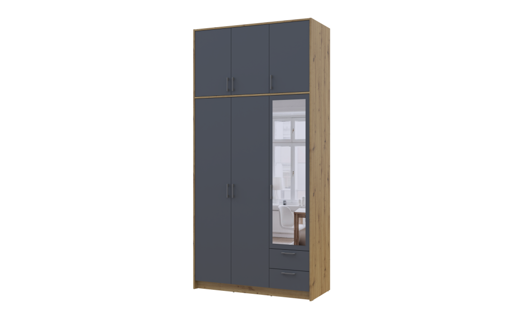 Kleiderschrank Doros Rondi mit Drehtüren mit Oberschrank und Spiegel Artisan Eiche / Graphitgrau 3 Türen 121x52x260 (42005190)