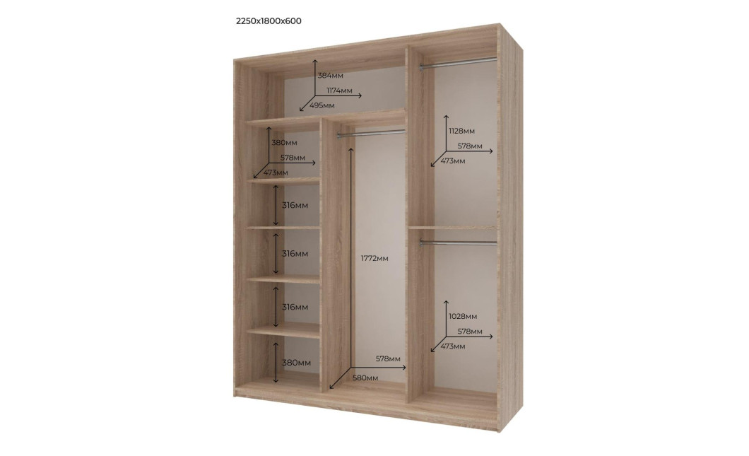 Kleiderschrank Doros City Light Schiebetüren Sonoma Eiche mit Spiegel 180x60x225 (41070010)