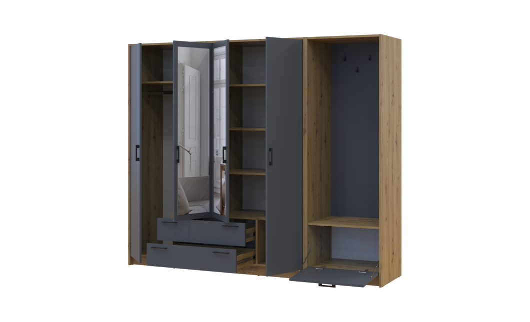 Drehtürenschrank Doros Rondi mit Kleiderstange und Spiegel Artisan Eiche/Graphitgrau 4 Türen 220x52x195 (42005295)