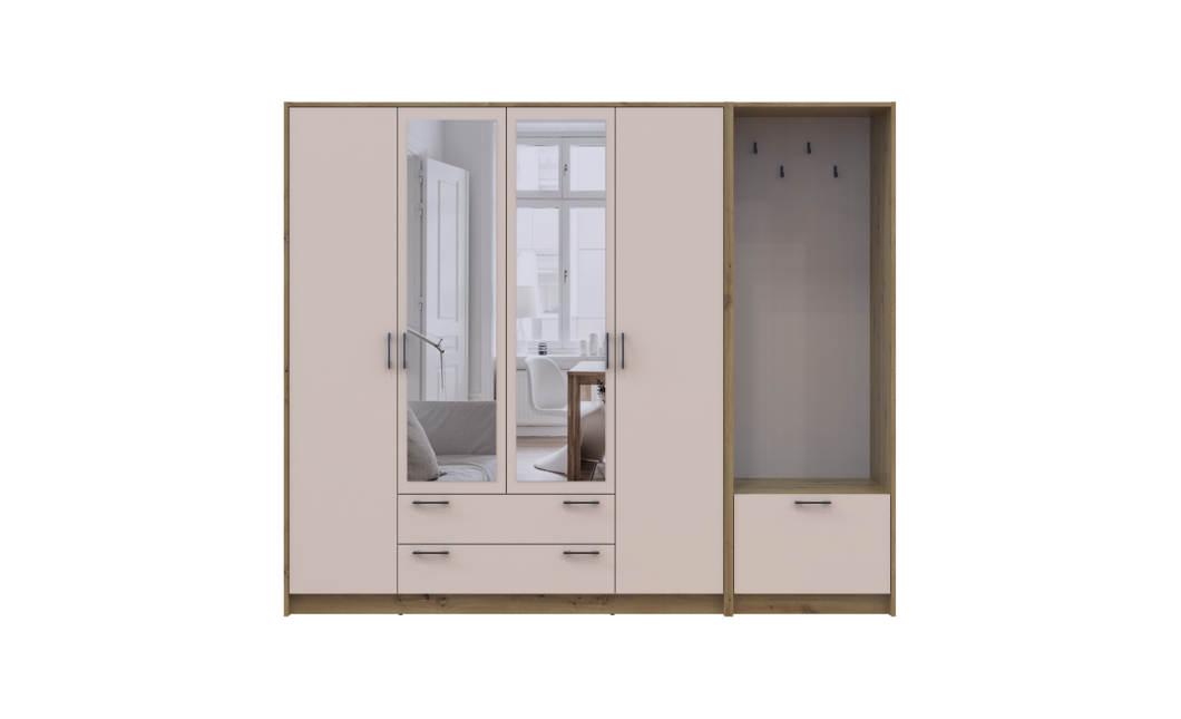 Drehtürenschrank Doros Rondi mit Kleiderstange und Spiegel Artisan Eiche/Kaschmir 4 Türen 220x52x195 (42005294)