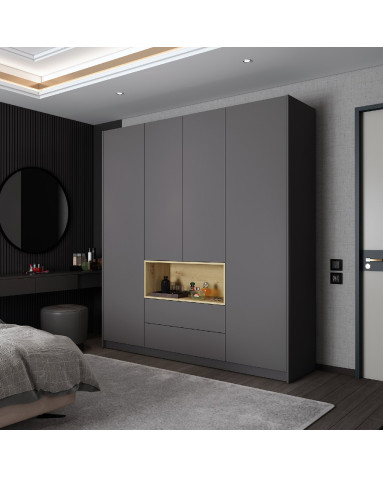 Kleiderschrank Doros Dale Anthrazit/Ewok Eiche 4 Türen 206x52x220 (44900527)