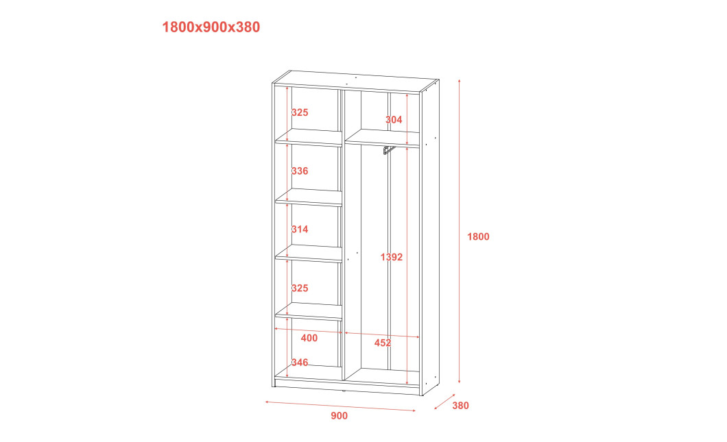 Kleiderschrank Doros Student mit Drehtüren Graphitgrau / Weiß 90x38x180 (44900273)