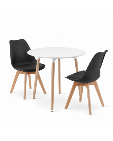 Essgruppe: Runder Tisch KAMI 80 cm Weiß / Beine in Holzfarbe + 2 Stühle MARK Schwarz (100831339)