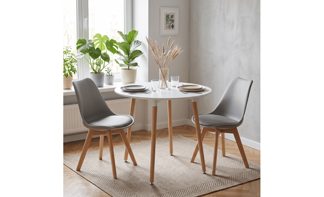 Essgruppe: Runder Tisch KAMI 80 cm Weiß / Beine in Holzfarbe + 2 Stühle MARK Grau (100831327)