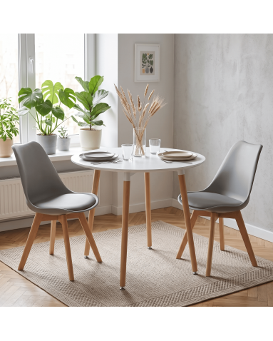 Essgruppe: Runder Tisch KAMI 80 cm Weiß / Beine in Holzfarbe + 2 Stühle MARK Grau (100831327)
