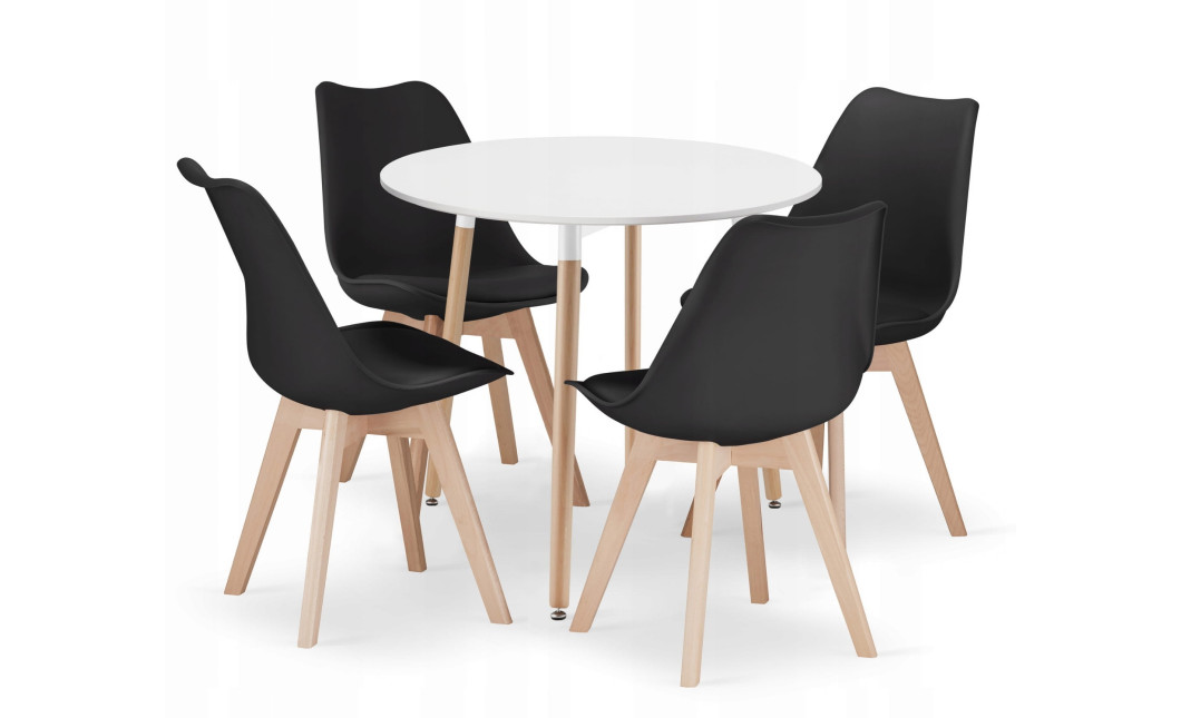 Essgruppe: Runder Tisch KAMI 80 cm Weiß / Beine in Holzfarbe + 4 Stühle MARK Schwarz (100831319)