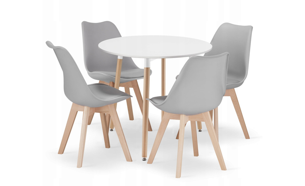Essgruppe: Runder Tisch KAMI 80 cm Weiß / Beine in Holzfarbe + 4 Stühle MARK Grau (100831317)