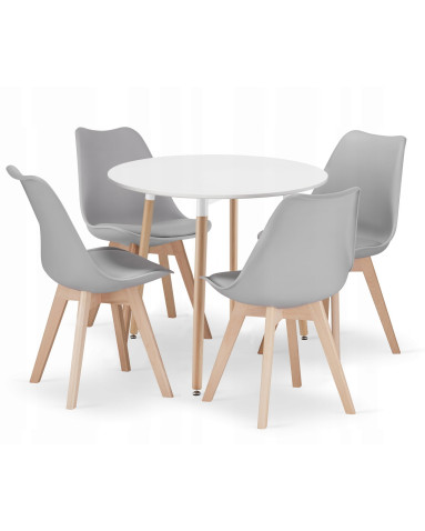 Essgruppe: Runder Tisch KAMI 80 cm Weiß / Beine in Holzfarbe + 4 Stühle MARK Grau (100831317)