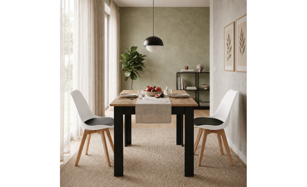 Essgruppe: Tisch NP 120x80 Craft / Schwarz + 2 Stühle MARK Schwarz-Weiß / Naturbeine (100408842)