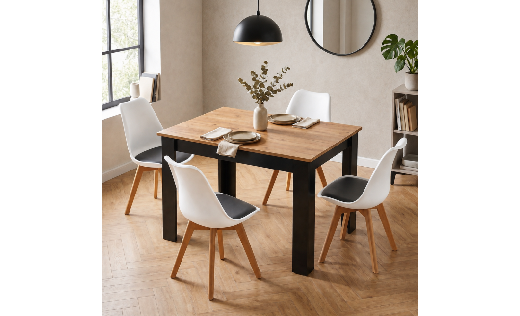 Essgruppe: Tisch NP 120x80 Craft / Schwarz + 4 Stühle MARK Schwarz-Weiß / Naturbeine (100408844)