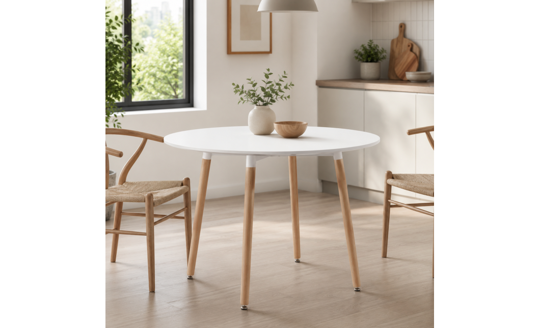 Runder Tisch KAMI 80 cm – Weiß / Beine in Holzfarbe (10038311)